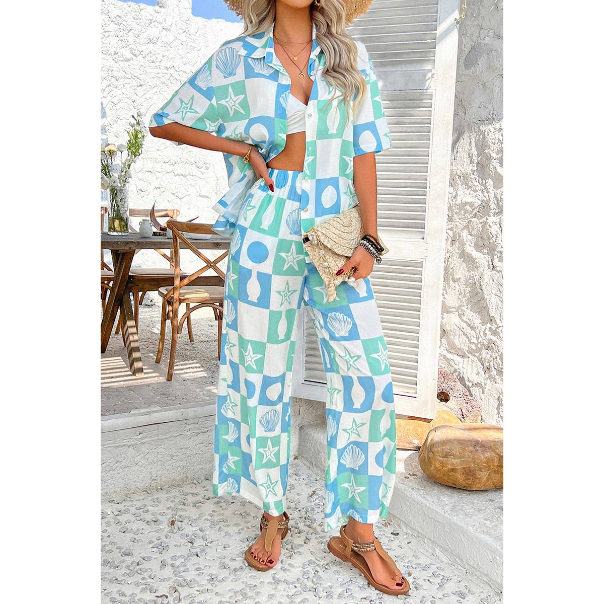 Two Pieces All Over Print Button Down Long Sets - MVTFASHION.COM