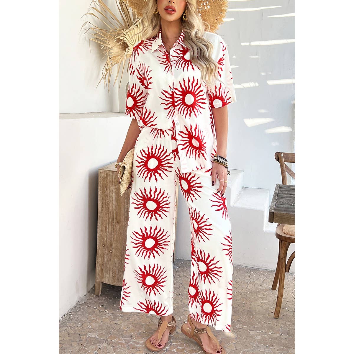 Two Pieces All Over Print Button Down Long Sets - MVTFASHION.COM