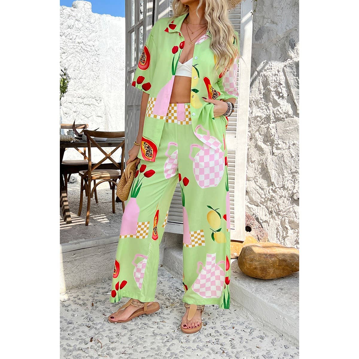 Two Pieces All Over Print Button Down Long Sets - MVTFASHION.COM