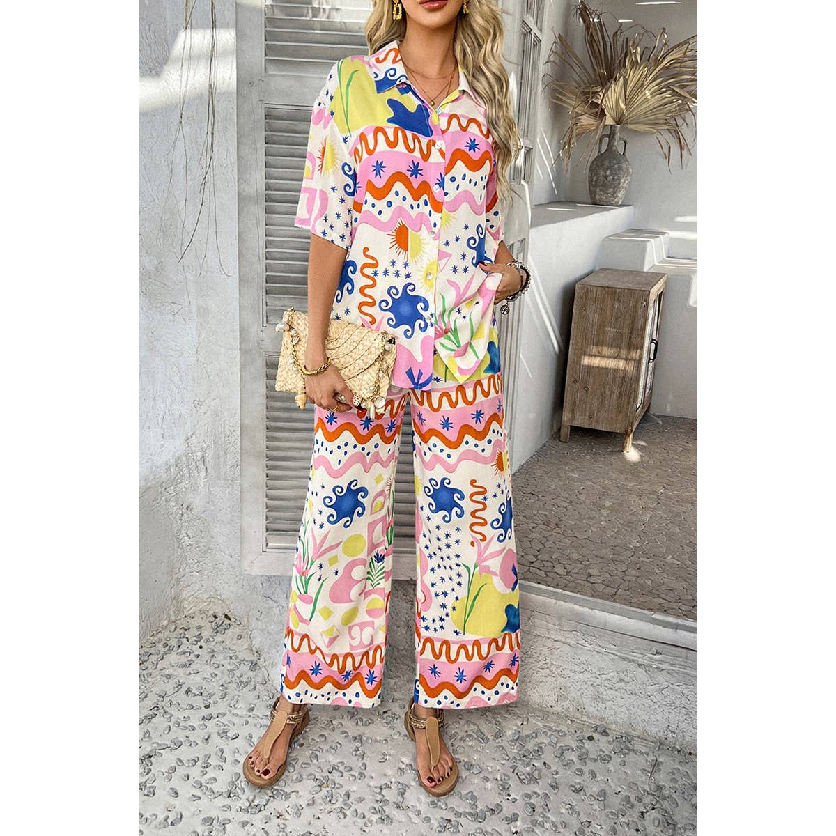 Two Pieces All Over Print Button Down Long Sets - MVTFASHION.COM