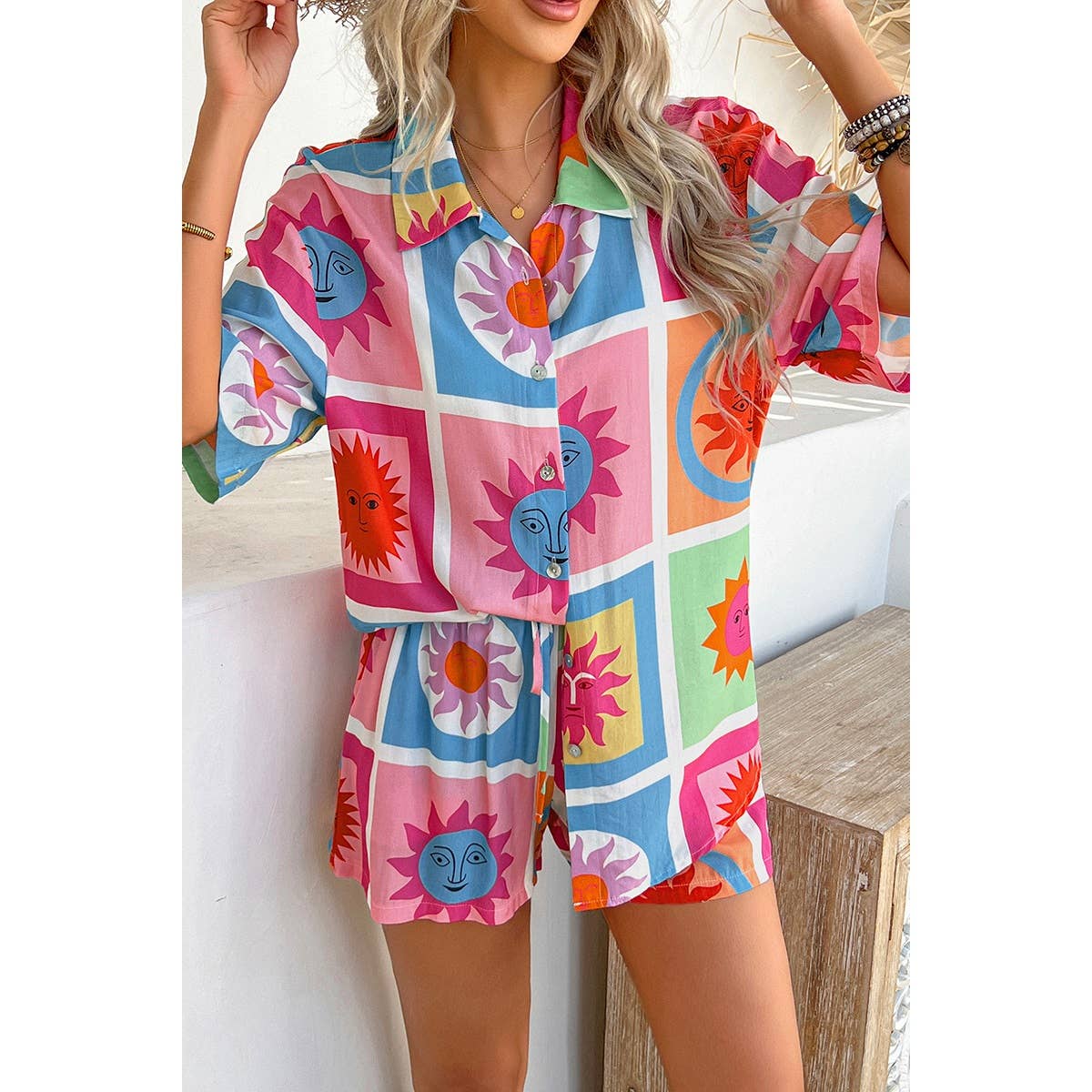 Two Pieces All Over Print Button Down Short Sets - MVTFASHION.COM