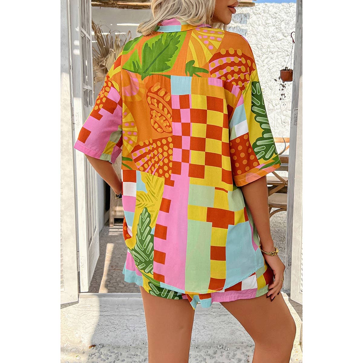 Two Pieces All Over Print Button Down Short Sets - MVTFASHION.COM