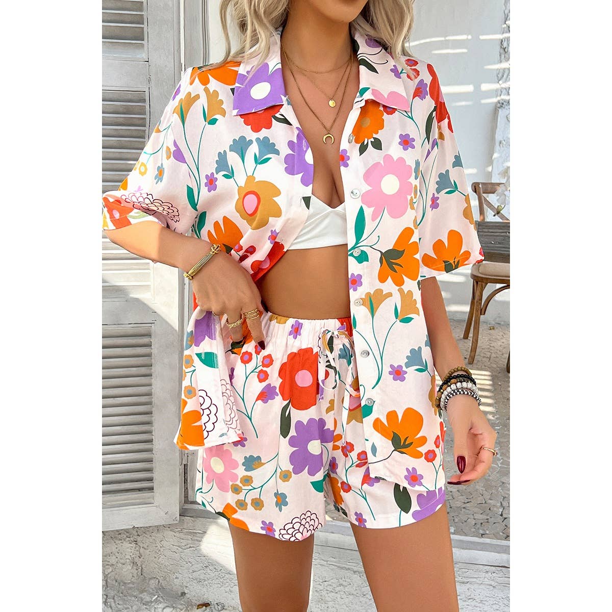 Two Pieces All Over Print Button Down Short Sets - MVTFASHION.COM