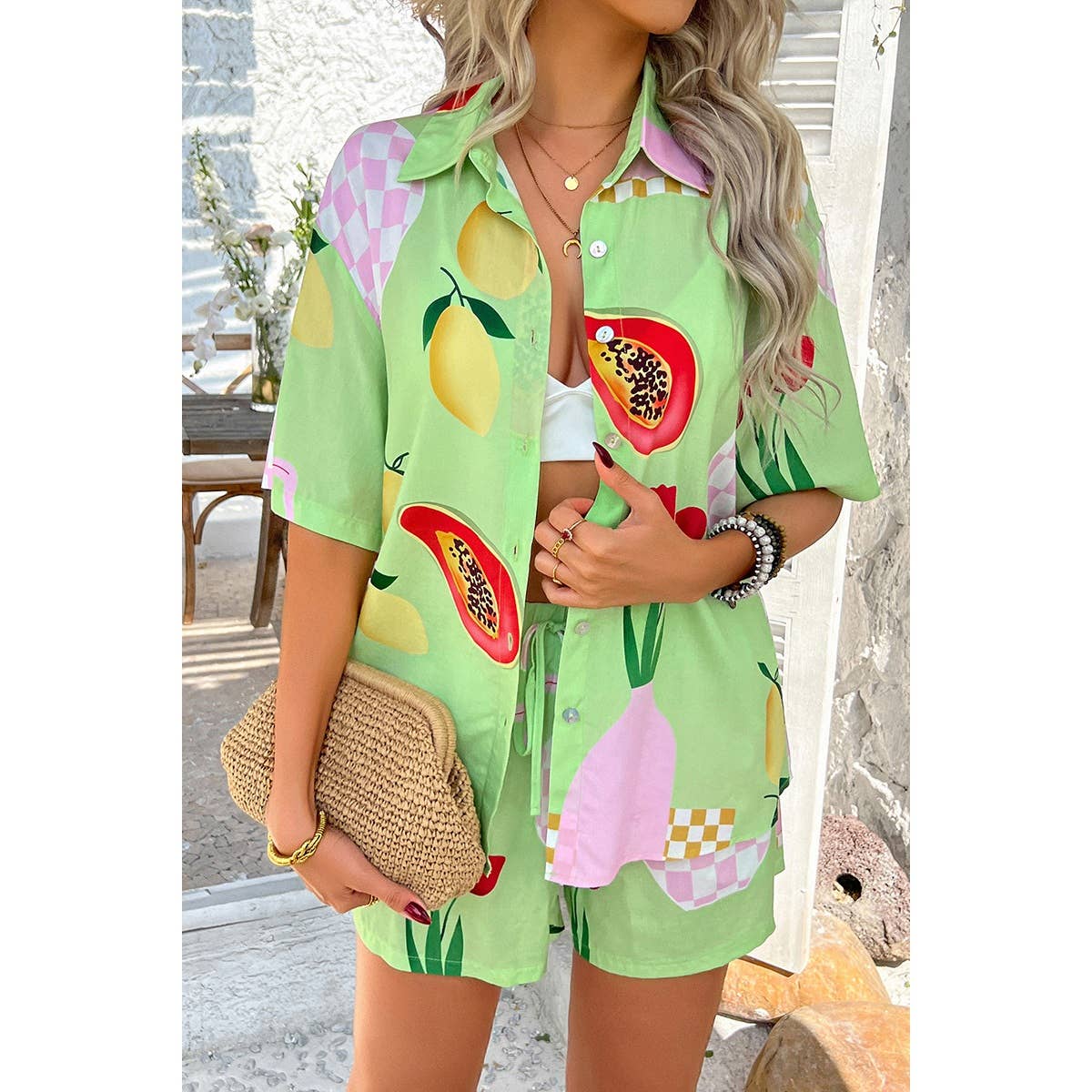 Two Pieces All Over Print Button Down Short Sets - MVTFASHION.COM