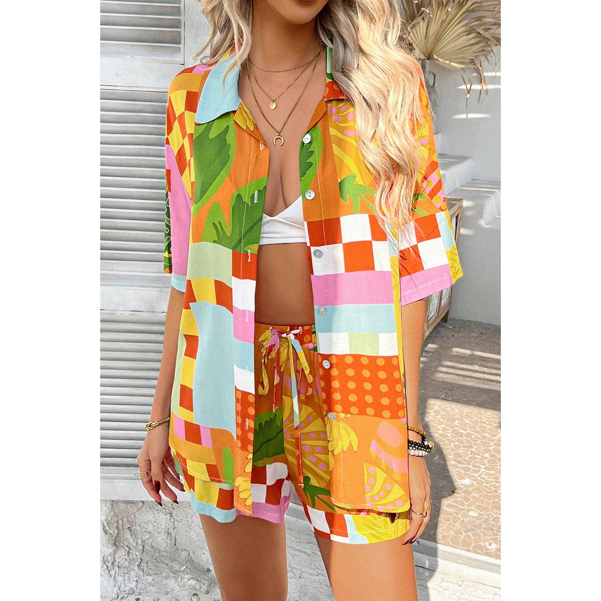 Two Pieces All Over Print Button Down Short Sets - MVTFASHION.COM