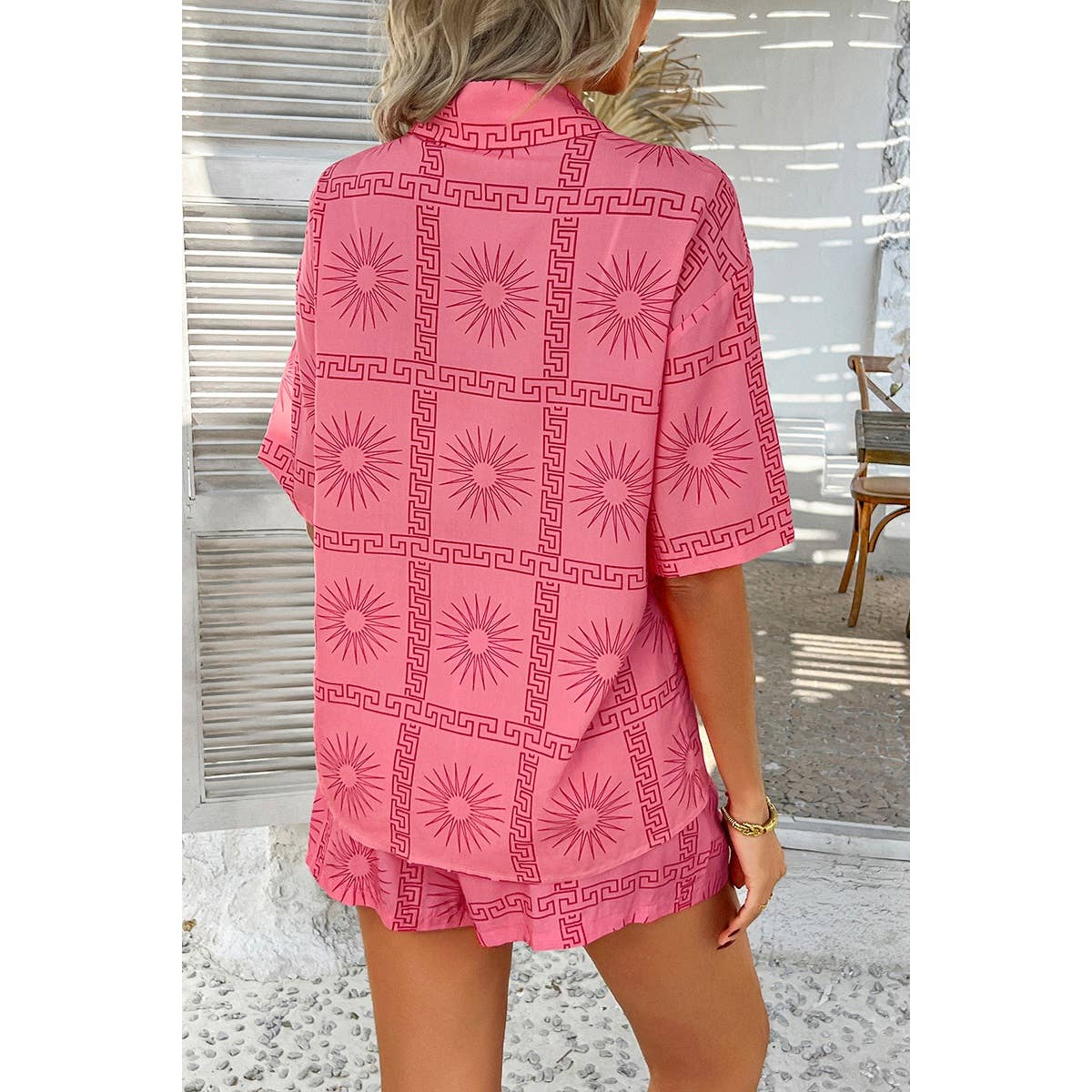 Two Pieces All Over Print Button Down Short Sets - MVTFASHION.COM