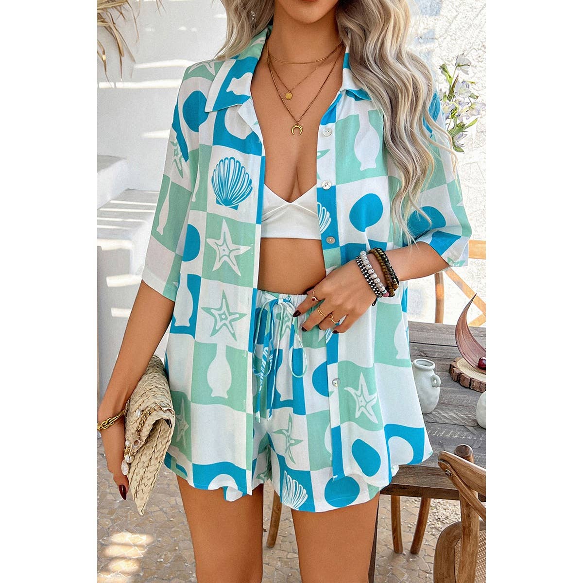Two Pieces All Over Print Button Down Short Sets - MVTFASHION.COM
