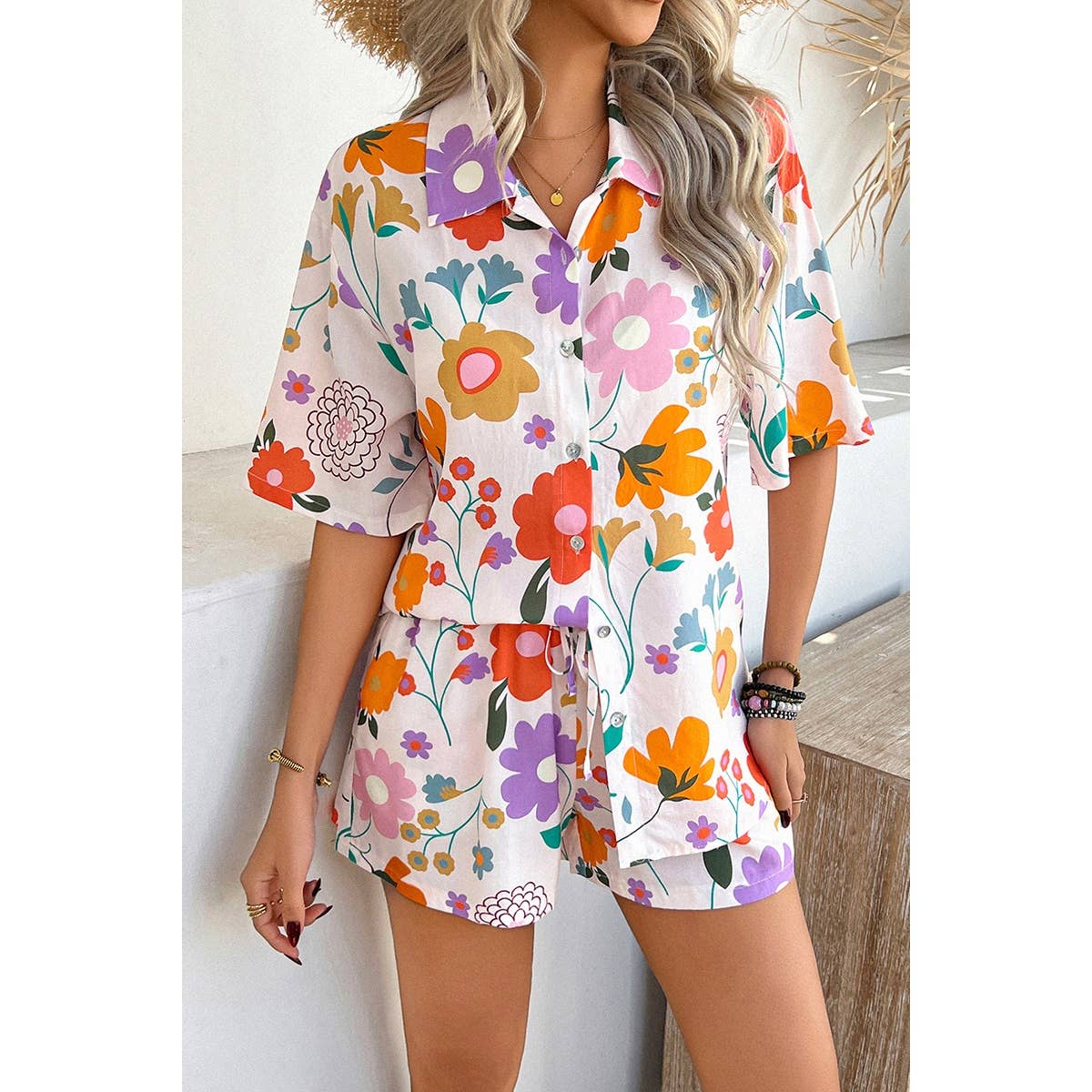 Two Pieces All Over Print Button Down Short Sets - MVTFASHION.COM