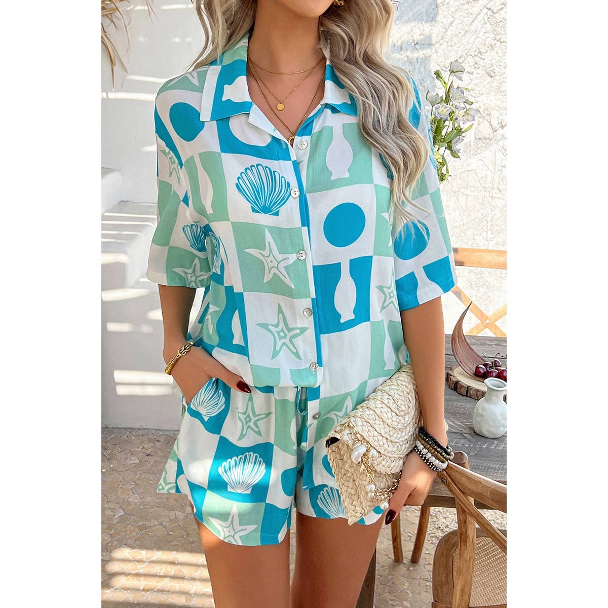 Two Pieces All Over Print Button Down Short Sets - MVTFASHION.COM
