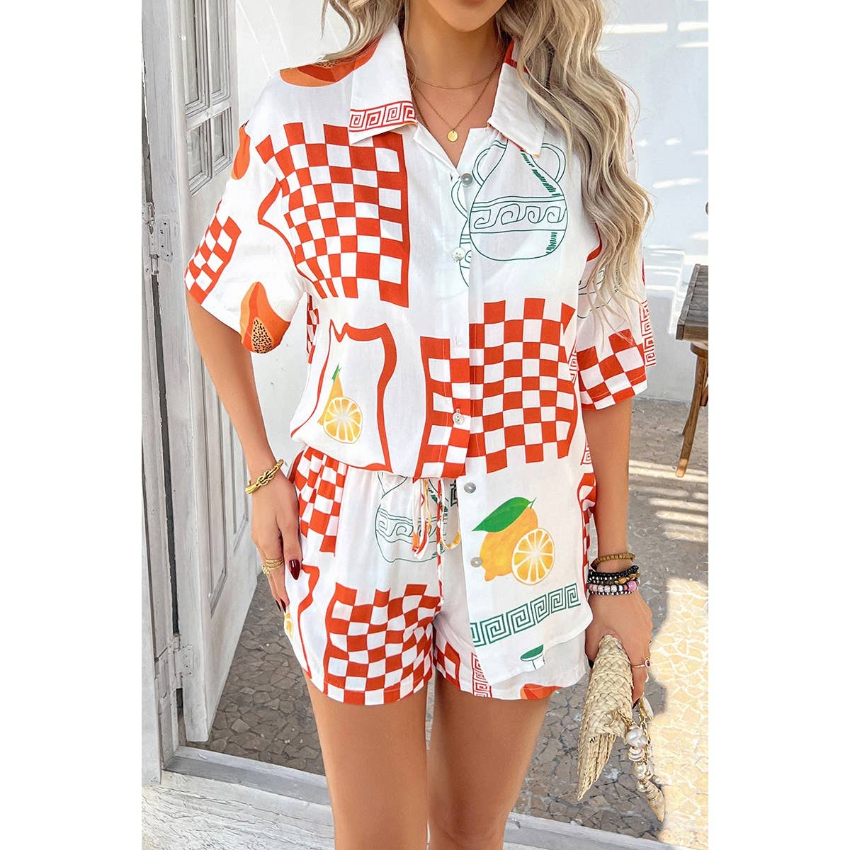 Two Pieces All Over Print Button Down Short Sets - MVTFASHION.COM