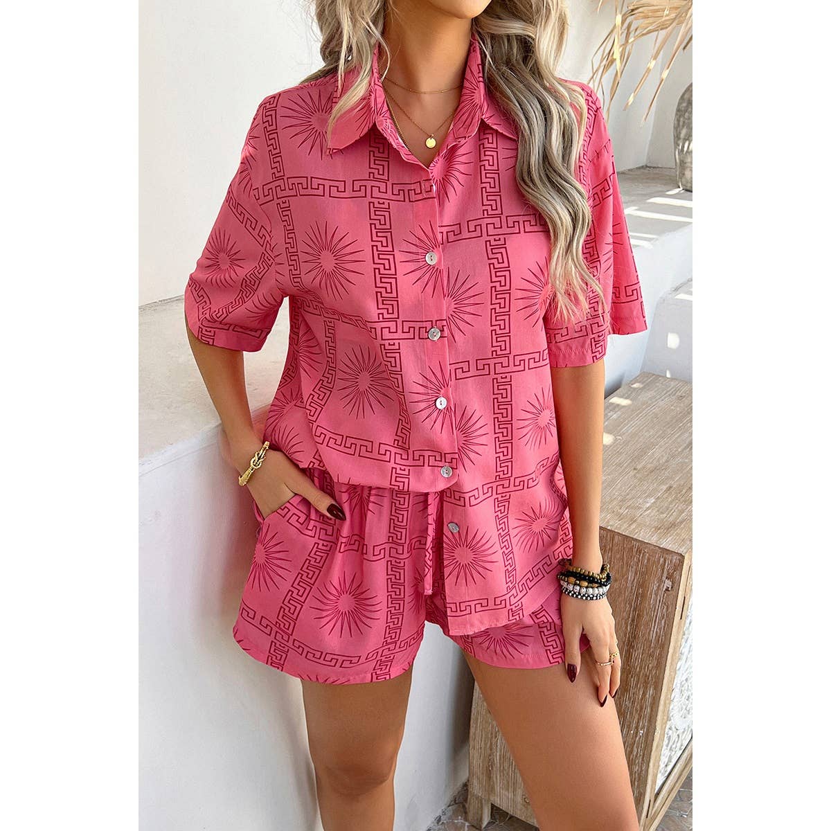 Two Pieces All Over Print Button Down Short Sets - MVTFASHION.COM