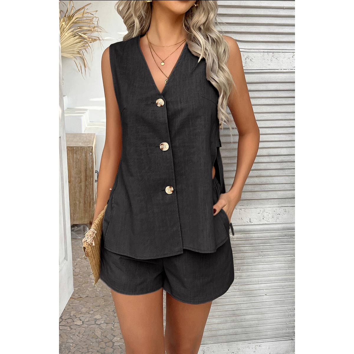 Two Pieces Button Down V Neck Suit Short Sets - MVTFASHION.COM