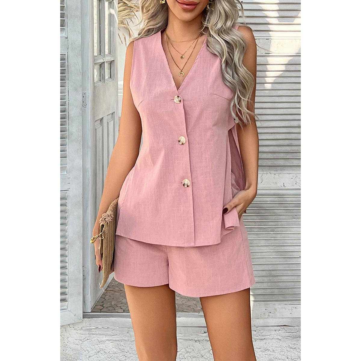 Two Pieces Button Down V Neck Suit Short Sets - MVTFASHION.COM