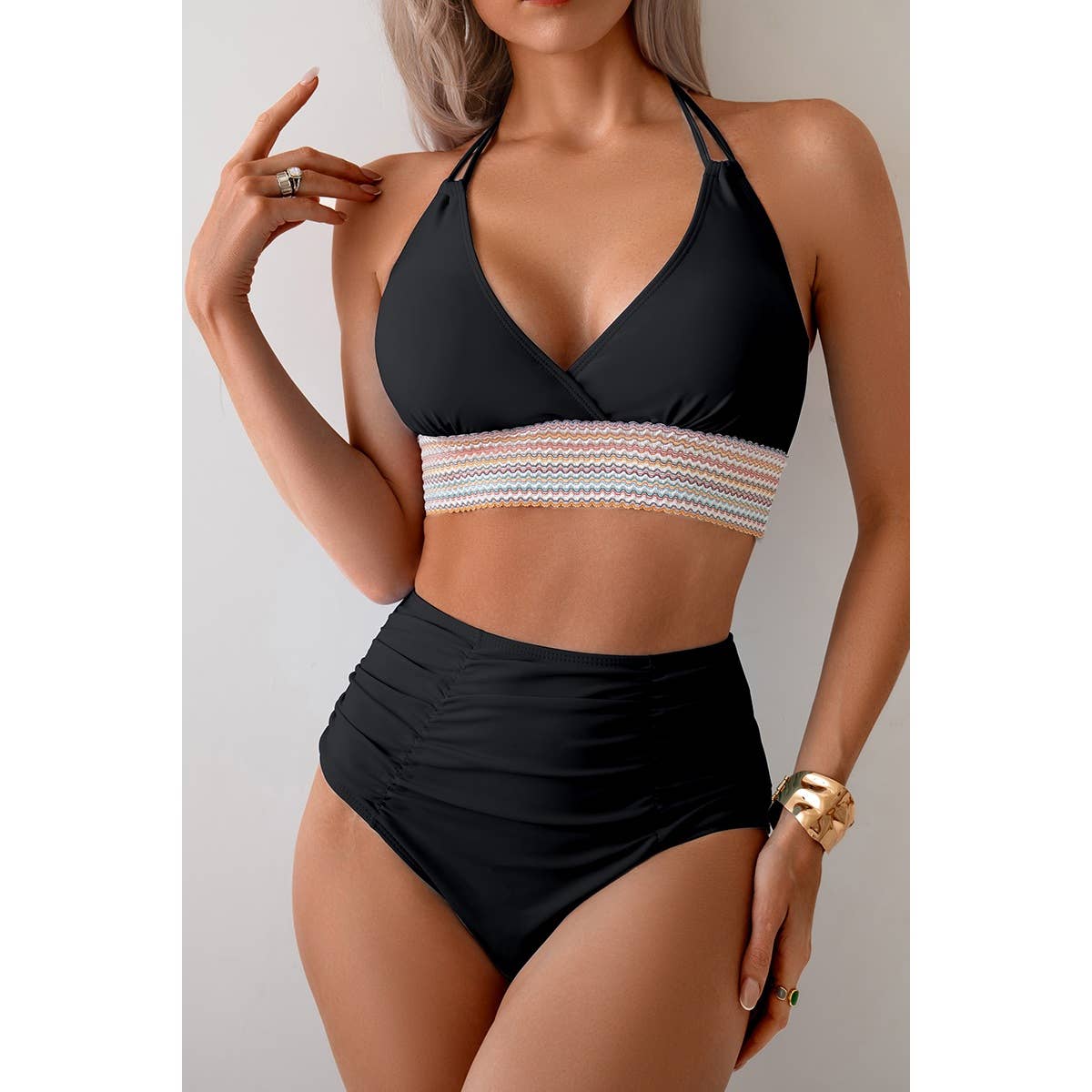 Two Pieces Elastic Band Halter Ruched Bikini - MVTFASHION.COM