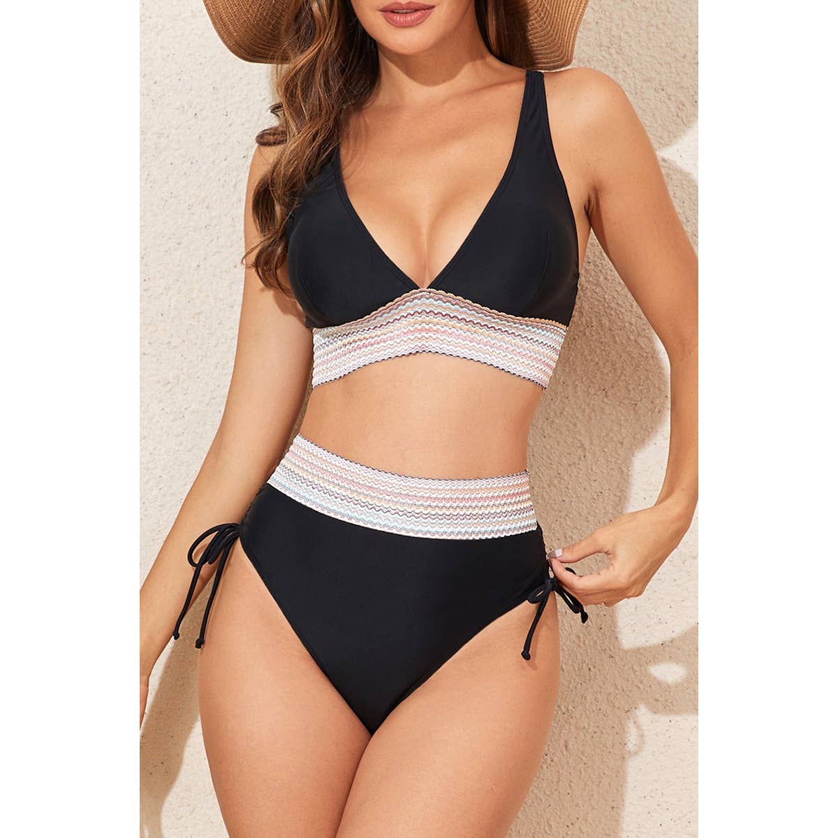 Two Pieces Elastic Wide Waist Band Knot TrimBikini - MVTFASHION.COM