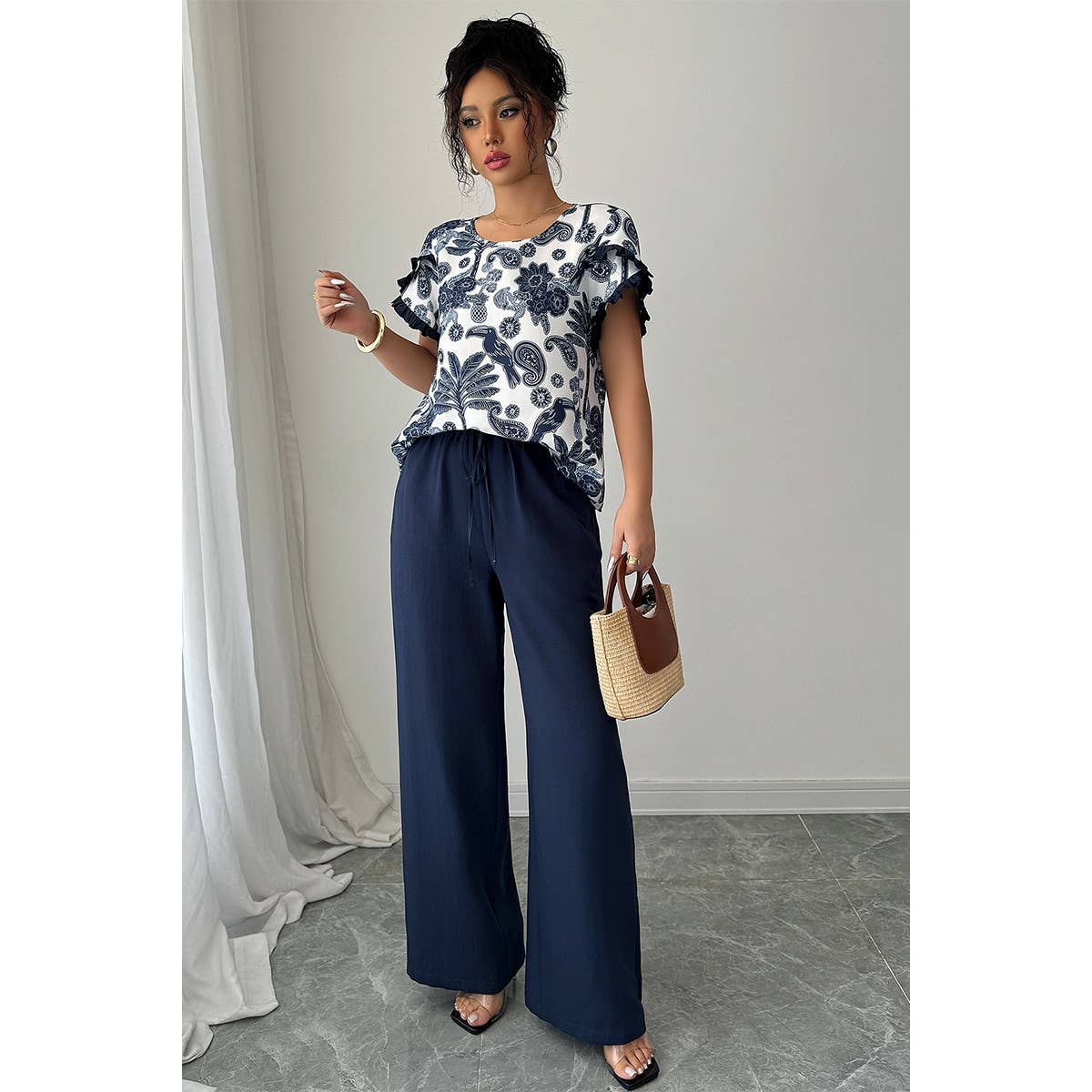 Two Pieces Floral Print Ruffle Hem Sleeve Sets - MVTFASHION.COM