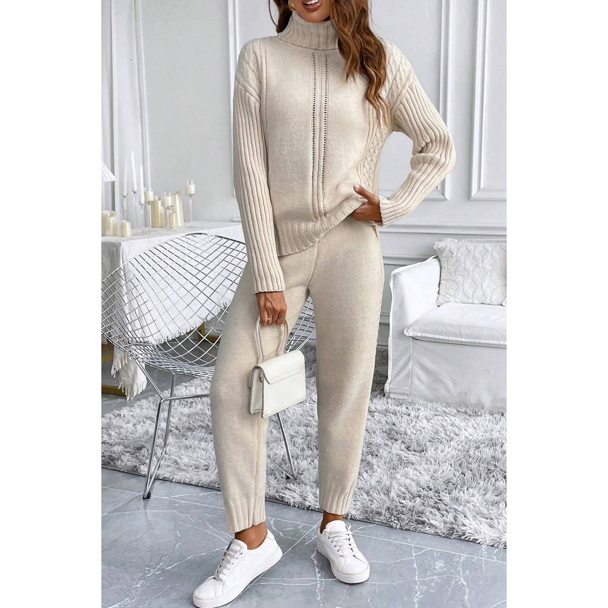 Two Pieces Knit High Collar Loose Sweater Pant Set - MVTFASHION.COM