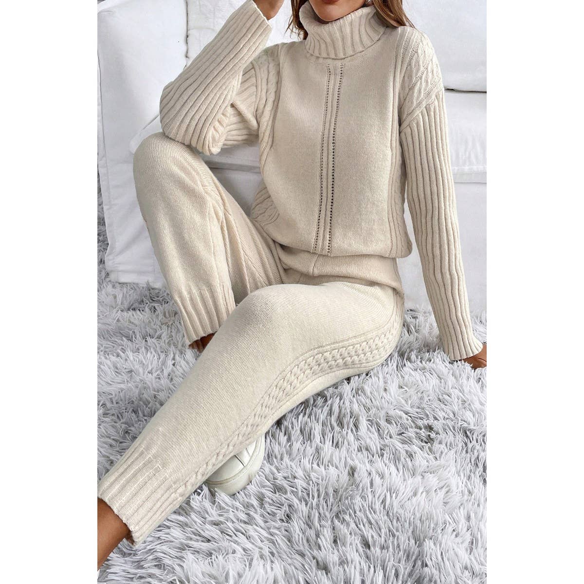 Two Pieces Knit High Collar Loose Sweater Pant Set - MVTFASHION.COM