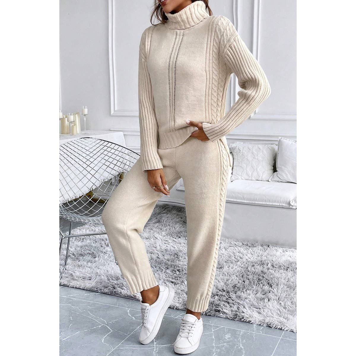 Two Pieces Knit High Collar Loose Sweater Pant Set - MVTFASHION.COM