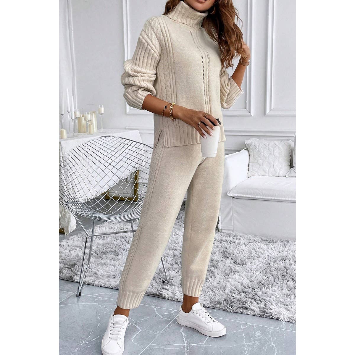 Two Pieces Knit High Collar Loose Sweater Pant Set - MVTFASHION.COM