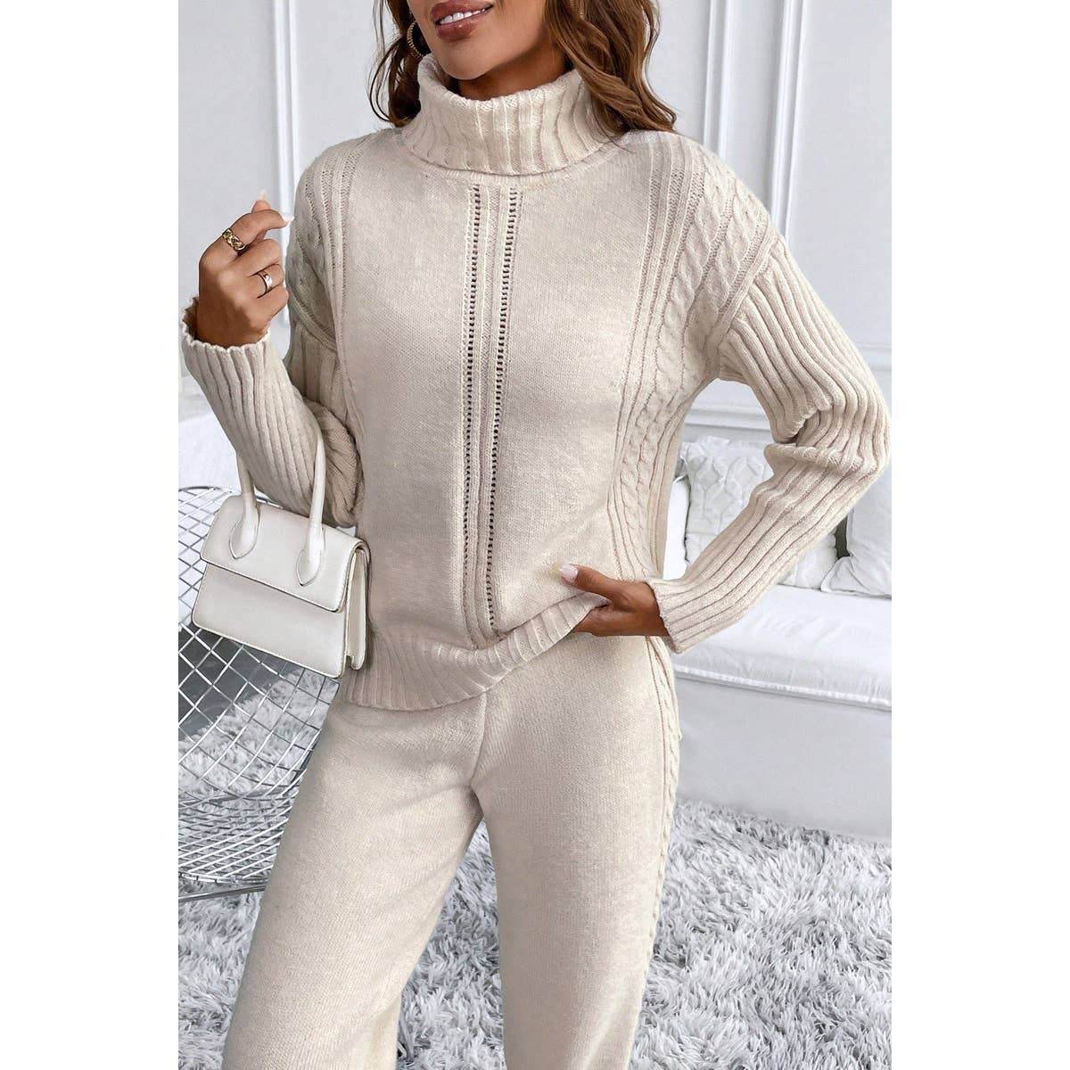 Two Pieces Knit High Collar Loose Sweater Pant Set - MVTFASHION.COM