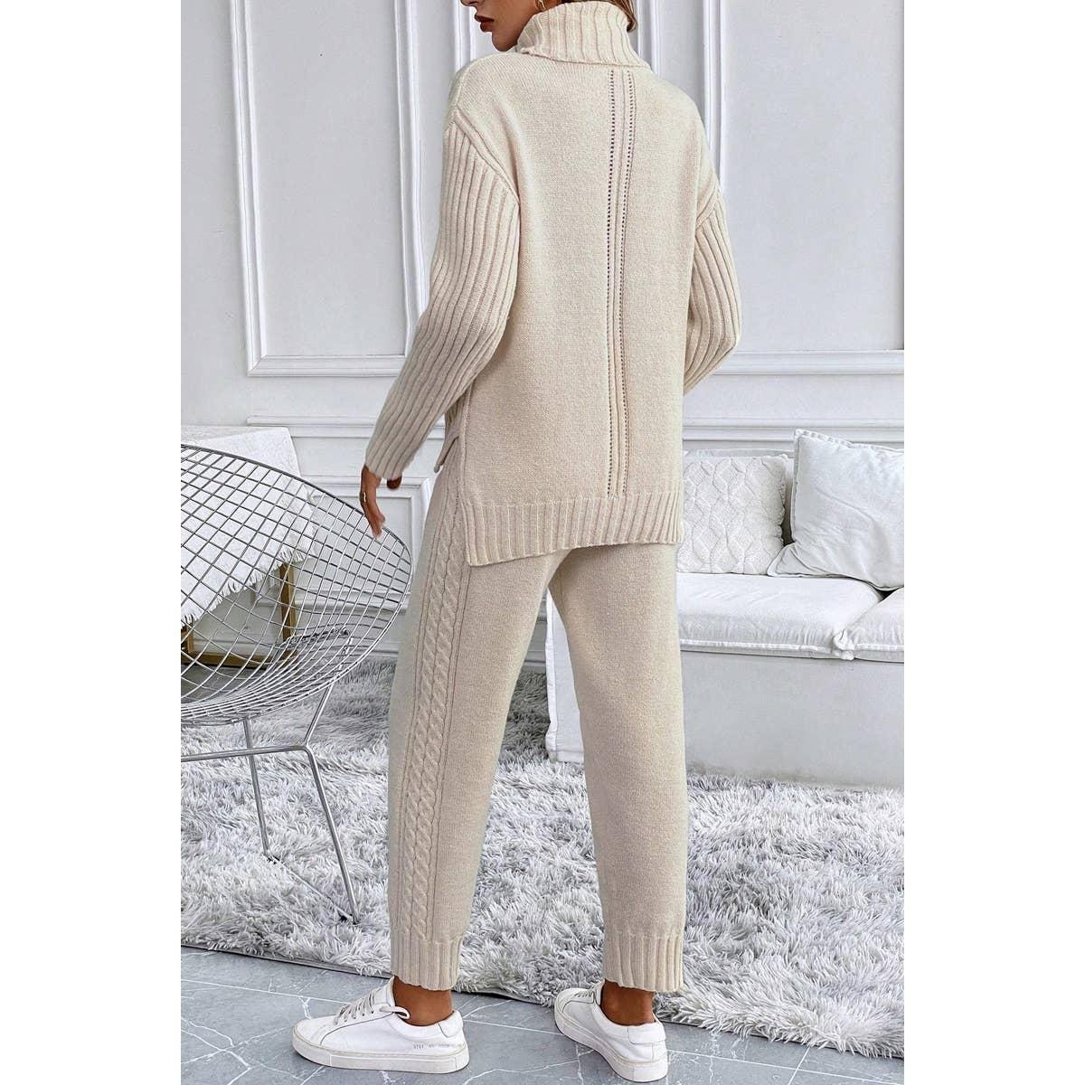 Two Pieces Knit High Collar Loose Sweater Pant Set - MVTFASHION.COM