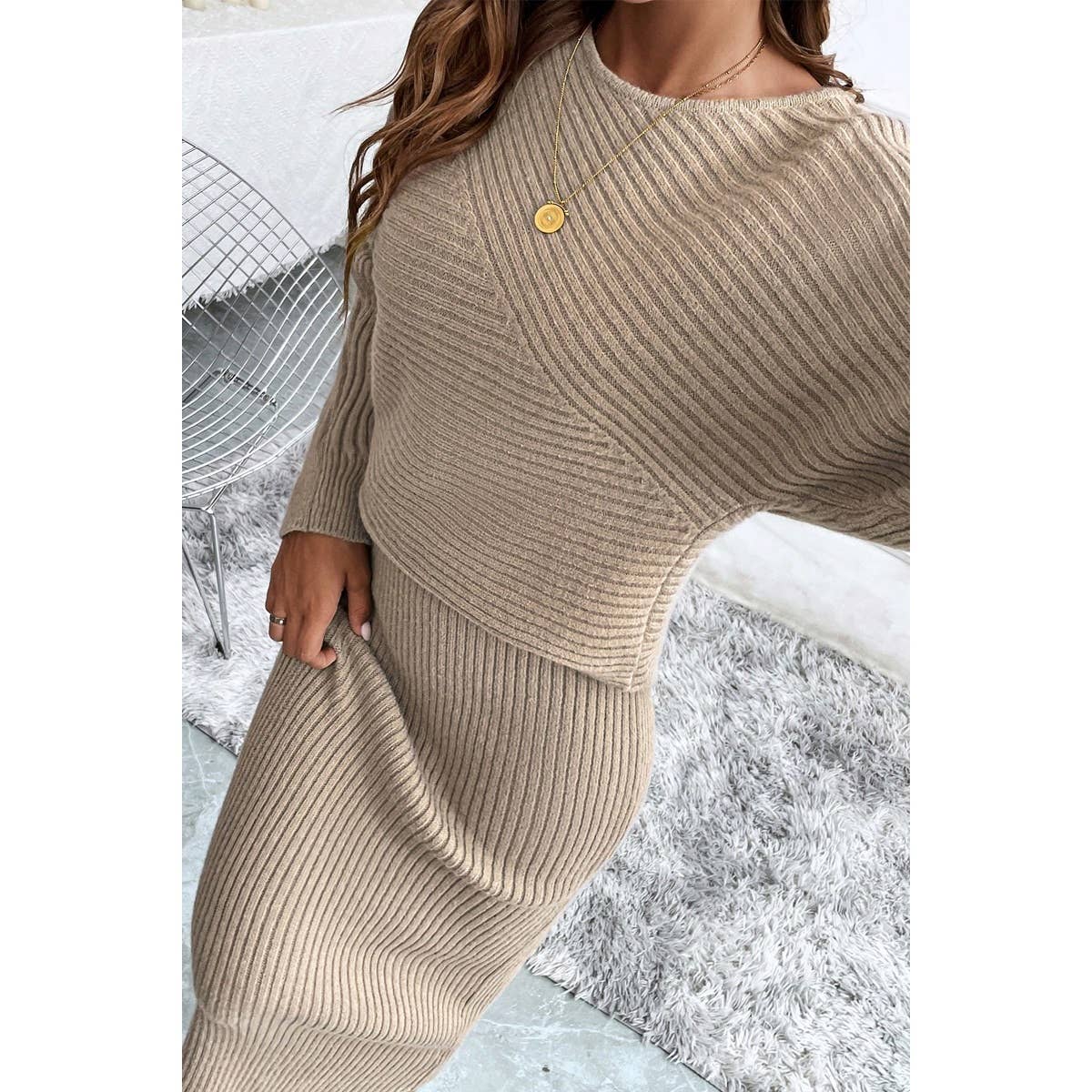 Two Pieces Knit Long Sleeves Sweater Fit Dress - MVTFASHION.COM