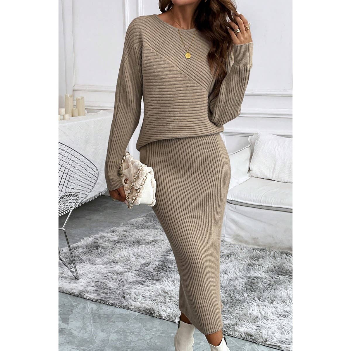 Two Pieces Knit Long Sleeves Sweater Fit Dress - MVTFASHION.COM