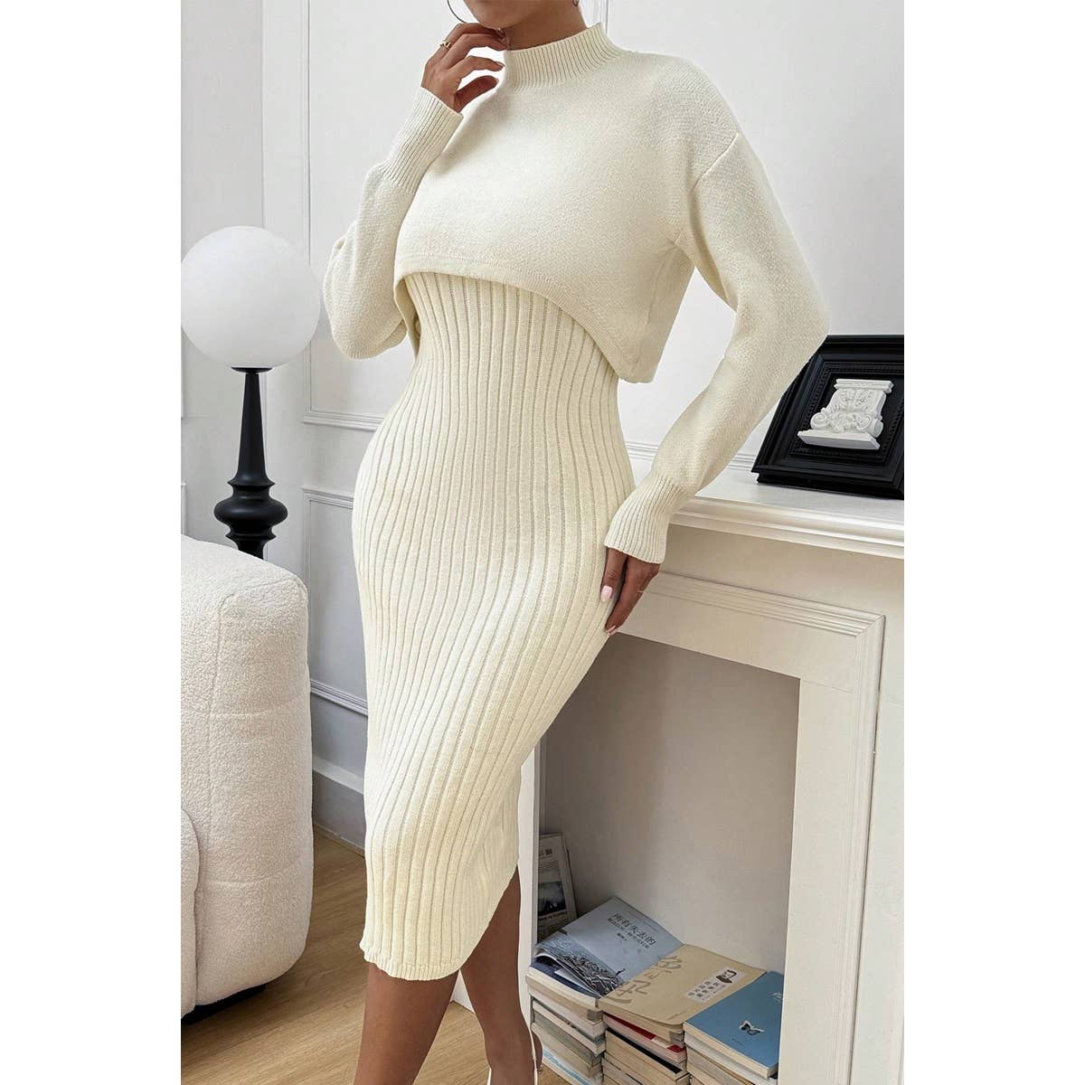 Two Pieces Knit Sweater And Fit Bodycon Dress - MVTFASHION.COM