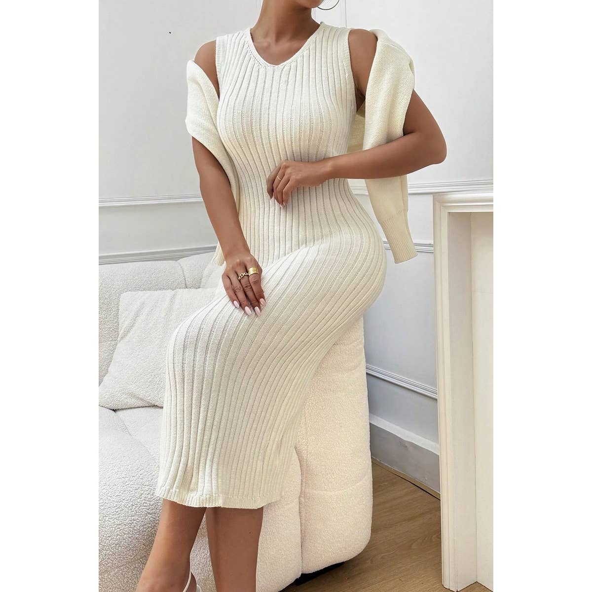 Two Pieces Knit Sweater And Fit Bodycon Dress - MVTFASHION.COM