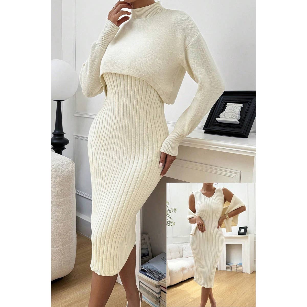 Two Pieces Knit Sweater And Fit Bodycon Dress - MVTFASHION.COM