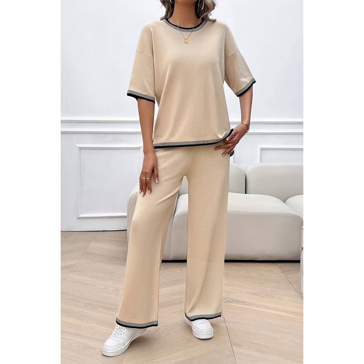 Two Pieces Knit Trim Solid Round Neck Set - MVTFASHION.COM