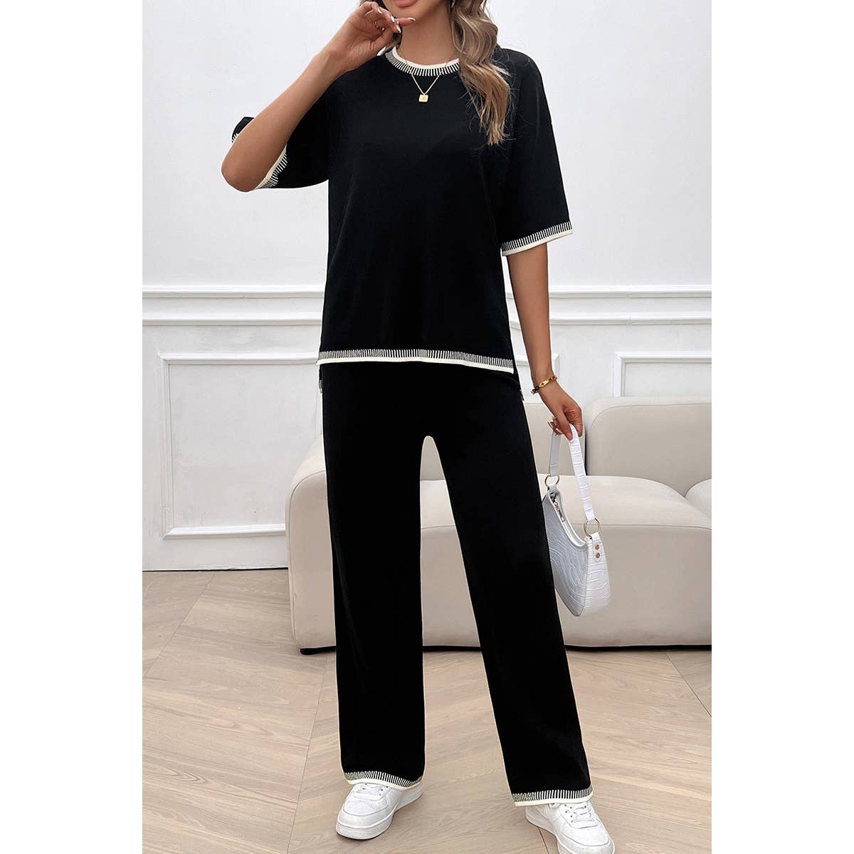 Two Pieces Knit Trim Solid Round Neck Set - MVTFASHION.COM