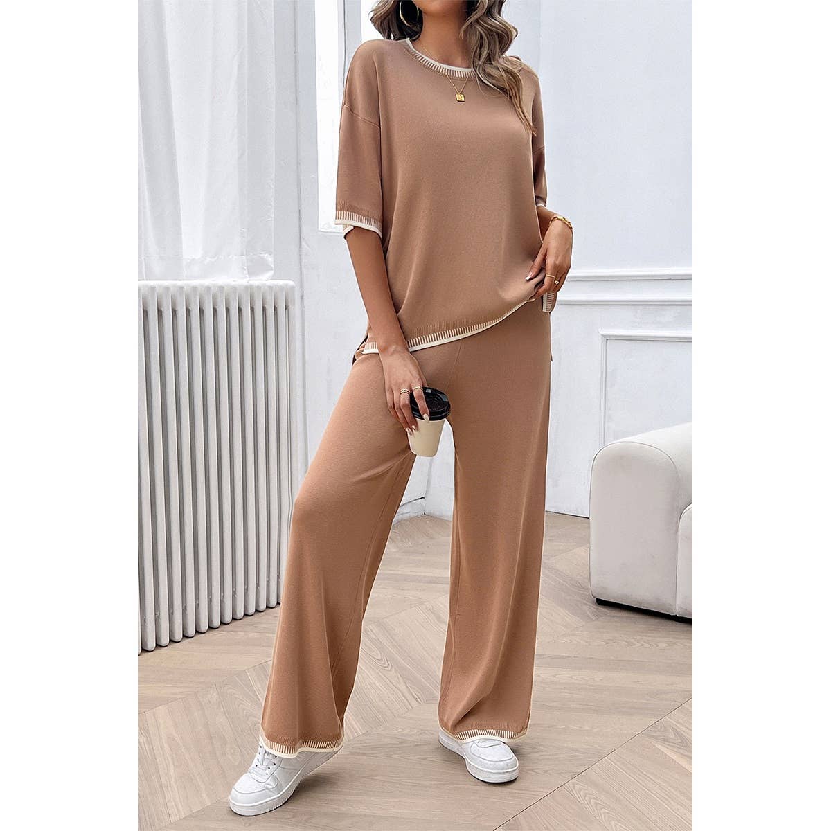 Two Pieces Knit Trim Solid Round Neck Set - MVTFASHION.COM