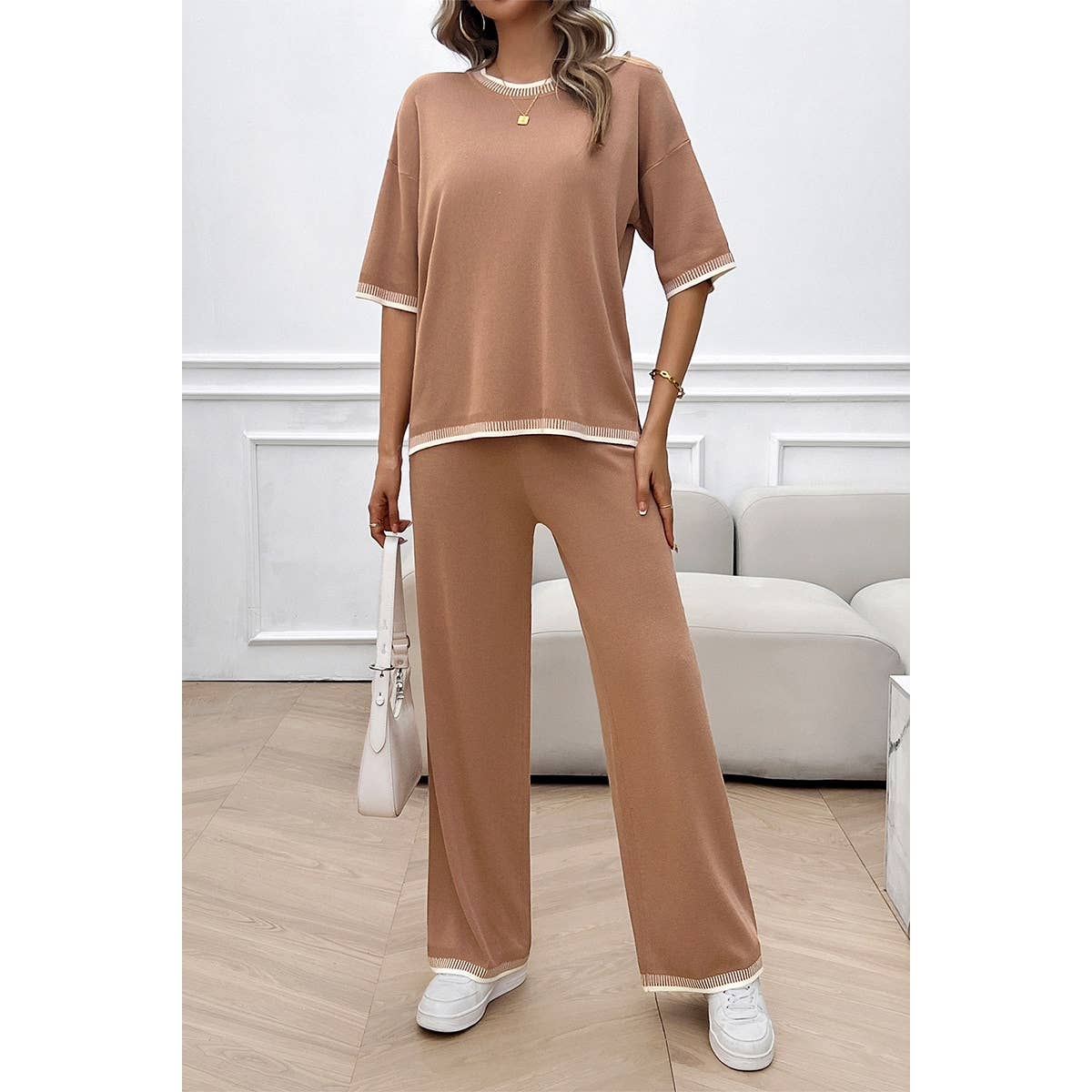 Two Pieces Knit Trim Solid Round Neck Set - MVTFASHION.COM