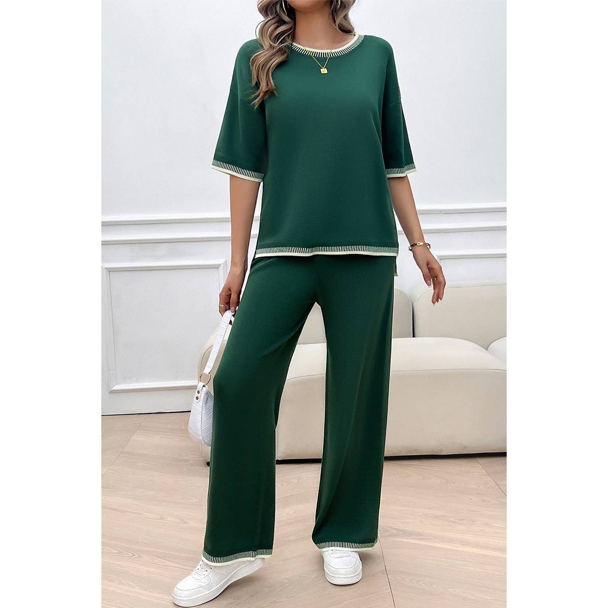 Two Pieces Knit Trim Solid Round Neck Set - MVTFASHION.COM