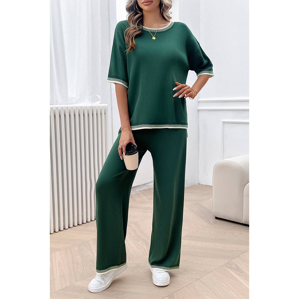 Two Pieces Knit Trim Solid Round Neck Set - MVTFASHION.COM