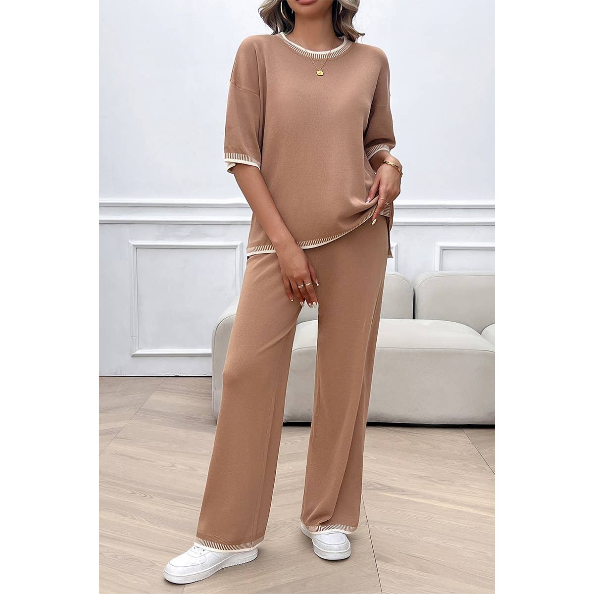 Two Pieces Knit Trim Solid Round Neck Set - MVTFASHION.COM