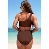 Two Pieces One Shoulder Lace Fit Solid Swimsuit - MVTFASHION.COM