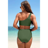 Two Pieces One Shoulder Lace Fit Solid Swimsuit - MVTFASHION.COM