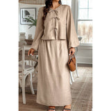 Two Pieces Plus Size Solid Tie Up Top Skirt Set - MVTFASHION.COM