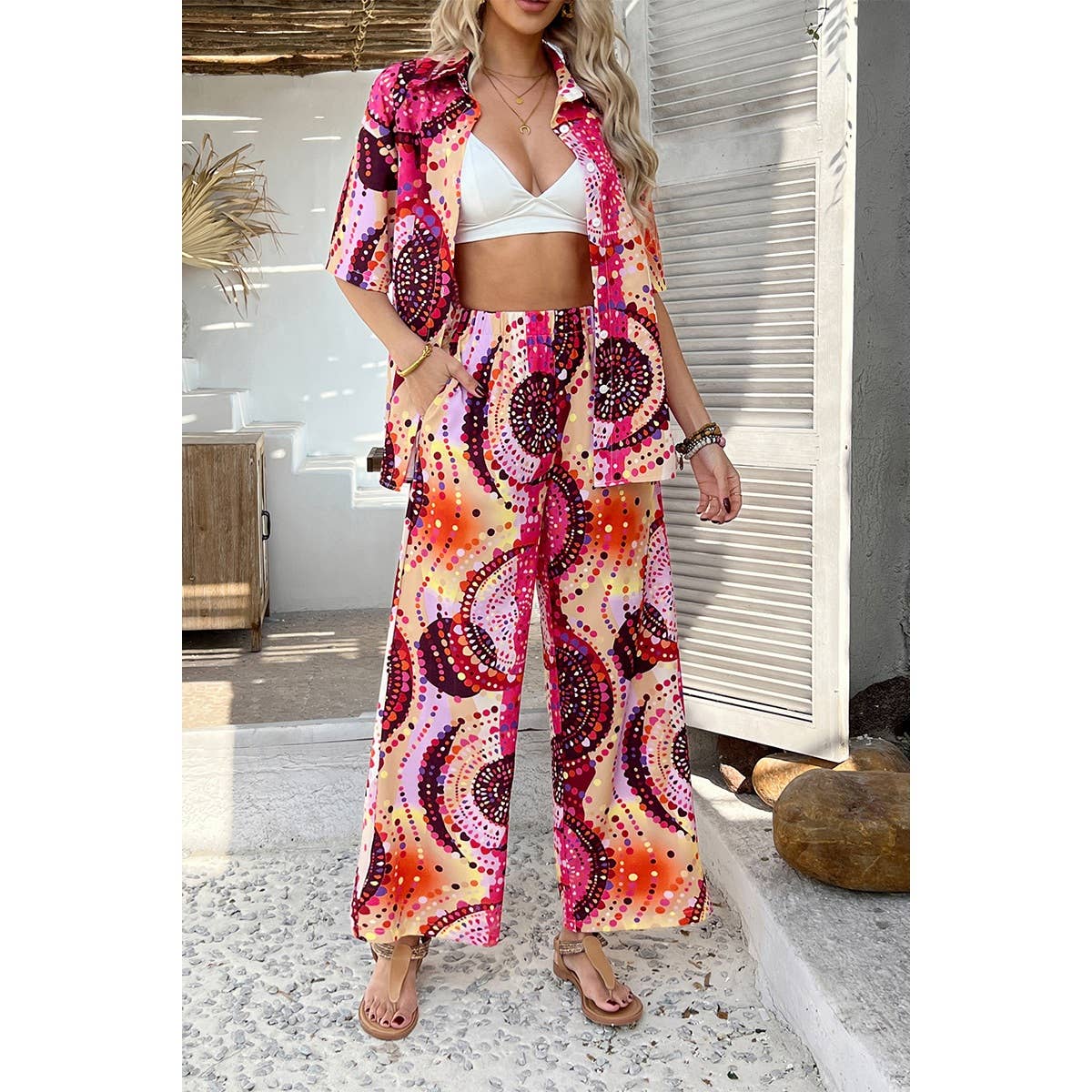 Two Pieces Printed Button Down Wide Leg Sets - MVTFASHION.COM