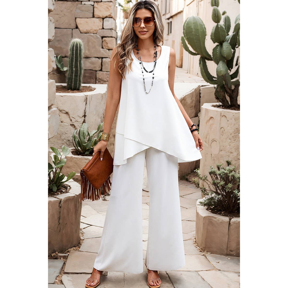 Two Pieces Round Neck Asymmetric Hem Wide Leg Sets - MVTFASHION.COM