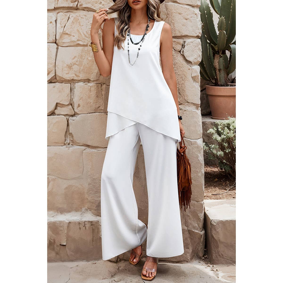 Two Pieces Round Neck Asymmetric Hem Wide Leg Sets - MVTFASHION.COM