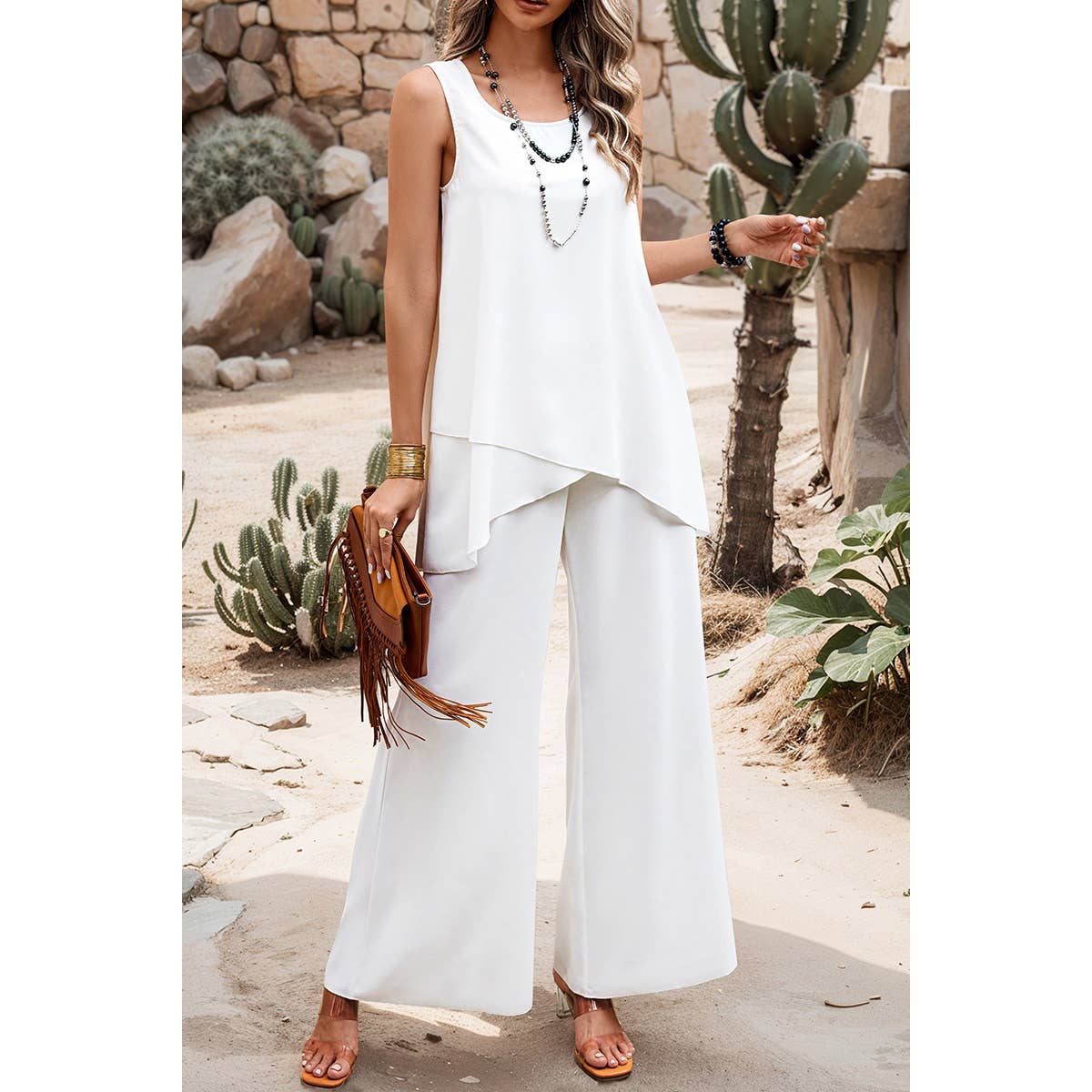 Two Pieces Round Neck Asymmetric Hem Wide Leg Sets - MVTFASHION.COM
