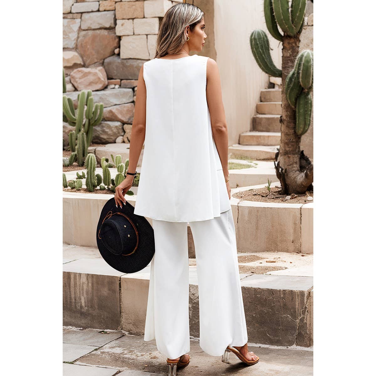 Two Pieces Round Neck Asymmetric Hem Wide Leg Sets - MVTFASHION.COM