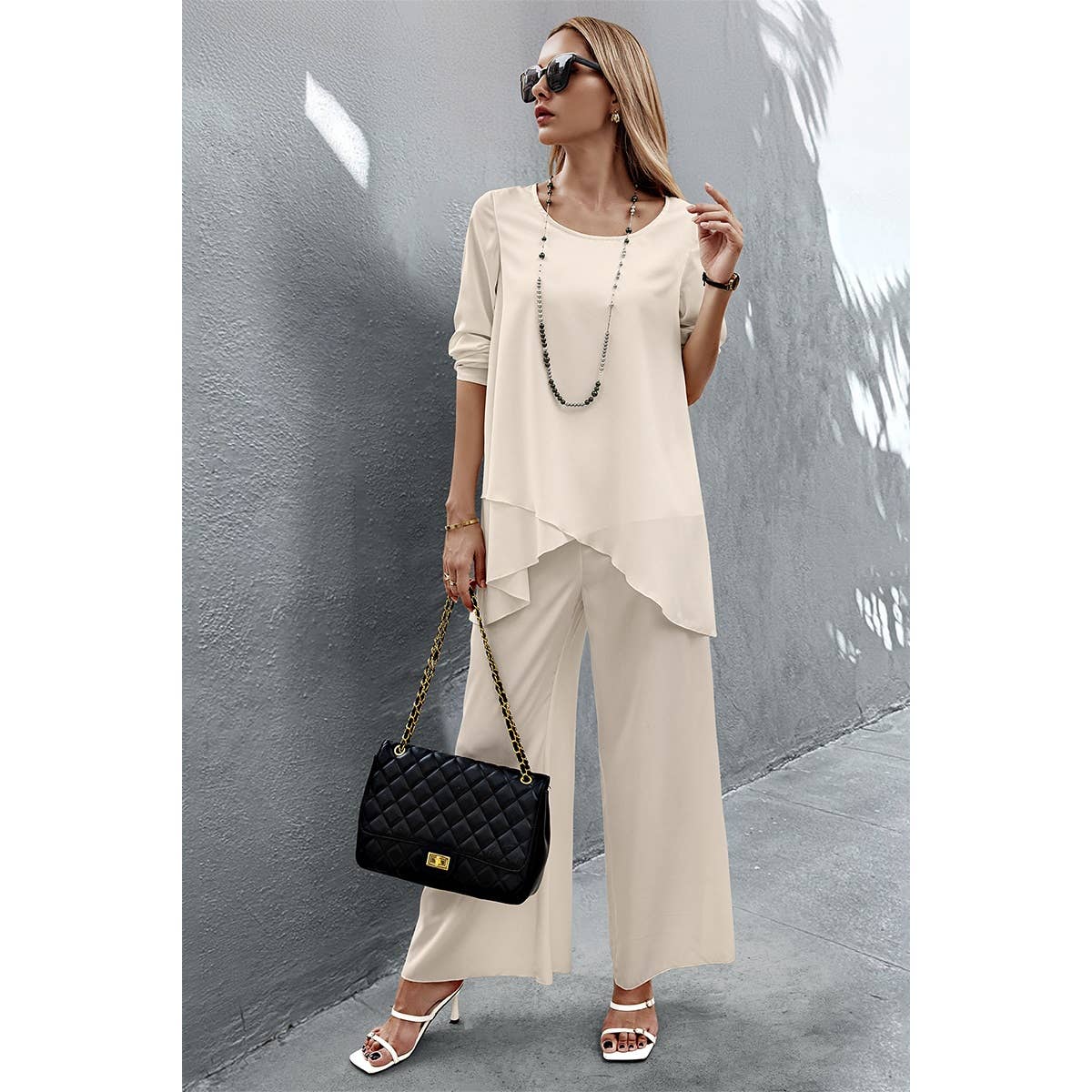 Two Pieces Round Neck Asymmetry Hem Wide Leg Set - MVTFASHION.COM