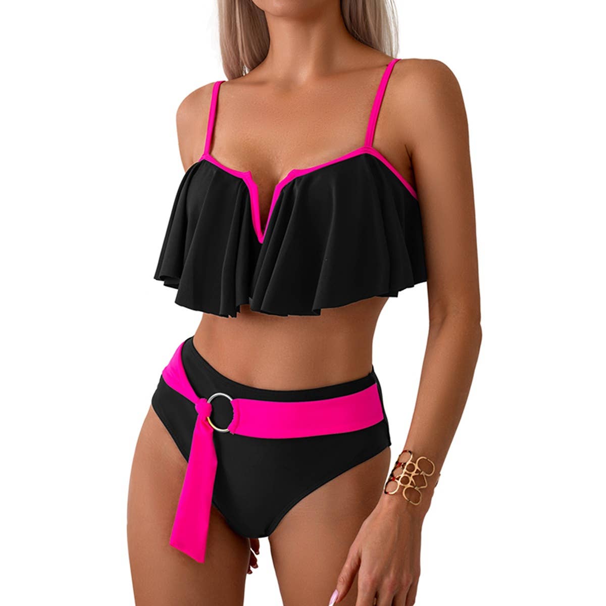 Two Pieces Ruffle Open Back Belt Trim Swimsuit - MVTFASHION.COM