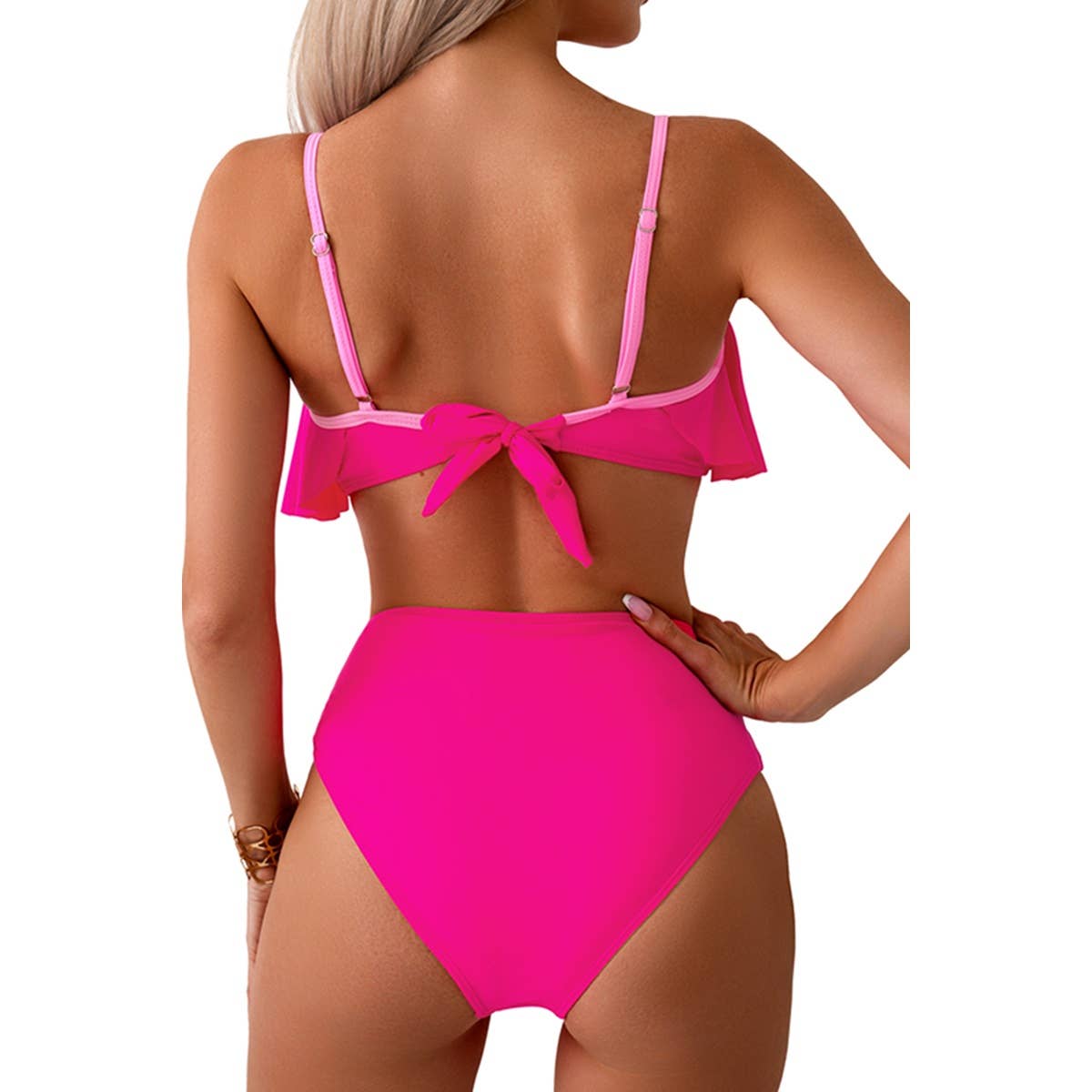 Two Pieces Ruffle Open Back Belt Trim Swimsuit - MVTFASHION.COM