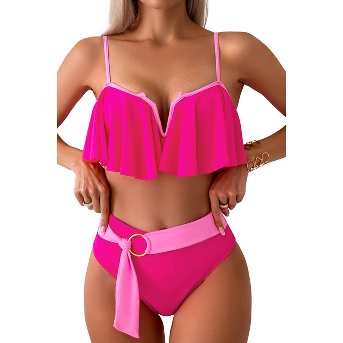 Two Pieces Ruffle Open Back Belt Trim Swimsuit - MVTFASHION.COM